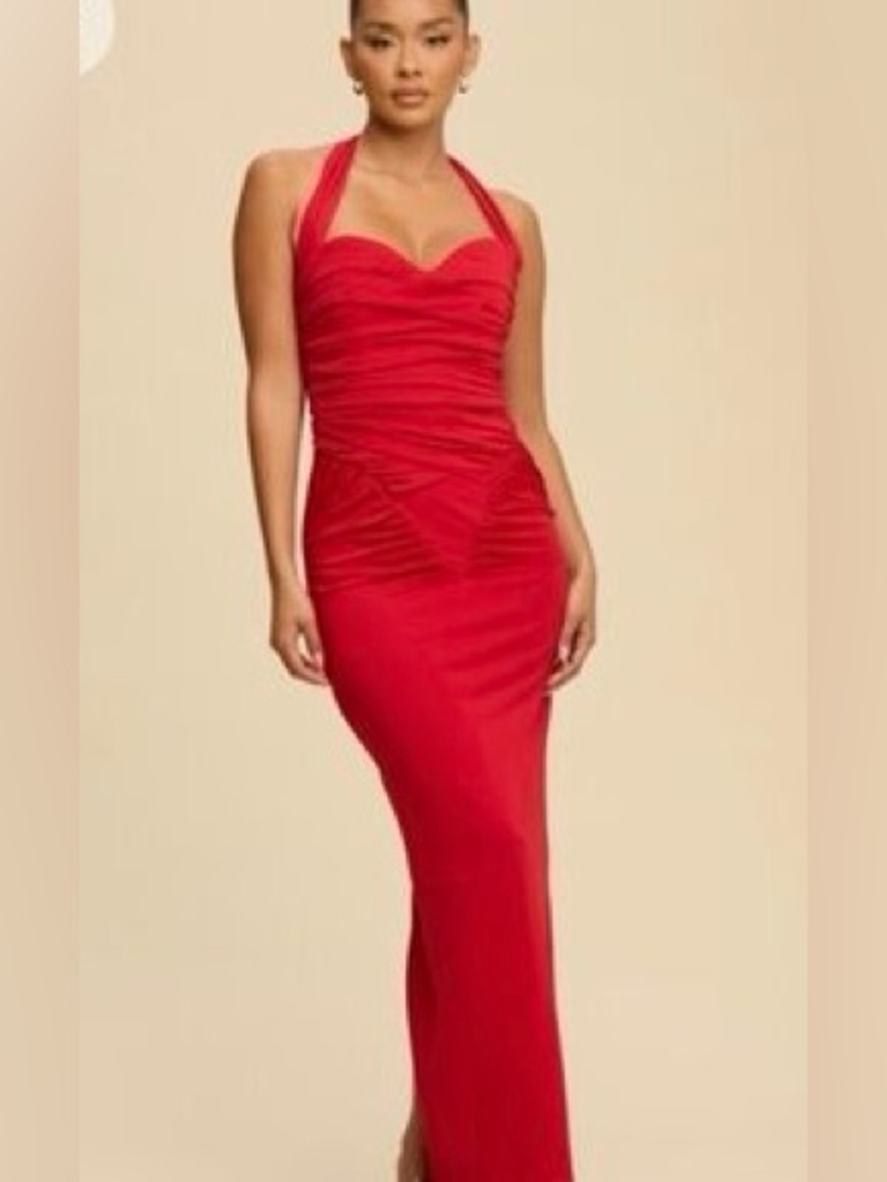 LUXXEL Red Halter Ruched Maxi Slit Evening Dress - NWT Large